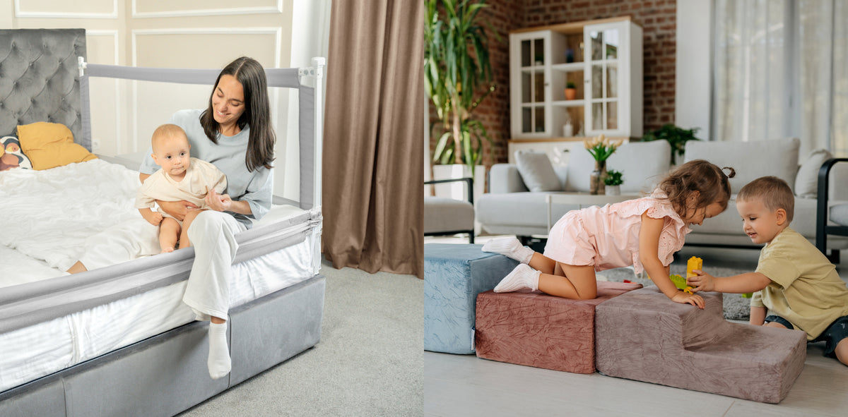 Mama mit Baby am Bett mit Bettgitter und Kinder spielen mit den Schaumstoff Bausteinen
